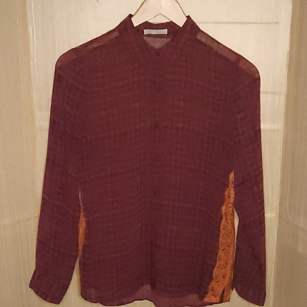 Hinge Womens Orange Purple Sheer Plaid Blouse Medium